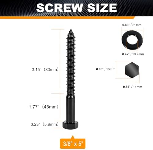 Xpokcai Hex Head Lag Bolts for Wood, 3/8" x 5", Lag Screws 6 Count