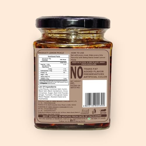 Being Bania Sweet Lemon Pickle, 100% Natural with Added Hing Flavour 280 gm of Khatta Meetha Nimbu Achar, No Preservatives & Additive, Handmade Gourmet Pickles