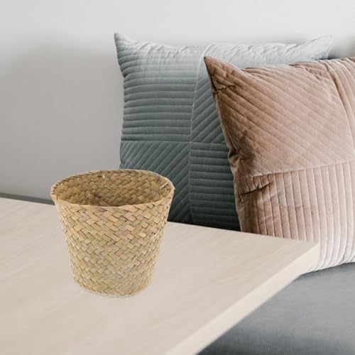 Image of Woven Waste Basket Natural Straw Mini Trash can 4.13 X 4.13 X 3.74 in Small Wicker Wastebasket for Home Organizing Desktop Storage Bathroom Living Room