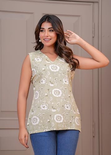 Image of MANHAREE Women's Cotton Floral Printed Short Kurti Top | V-Neck 3 /4 Sleeve Ethnic Tunic for Jeans | Casual Summer Wear Kurta for Women and Girls