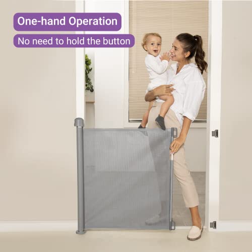Momcozy Narrow to Extra Wide Retractable Stair Safety Gate, One-Handed Silent Operation, Suitable forindoors & outdoors, Grey