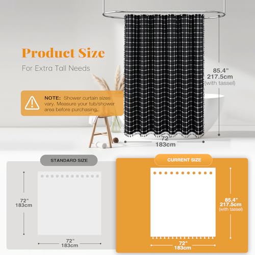 Image of BTTN Extra Long Boho Tassel Linen Fabric Shower Curtain Set, 72x84 Inch, Tall Modern Farmhouse French Country Cloth Shower Curtain for Bathroom, Black and White