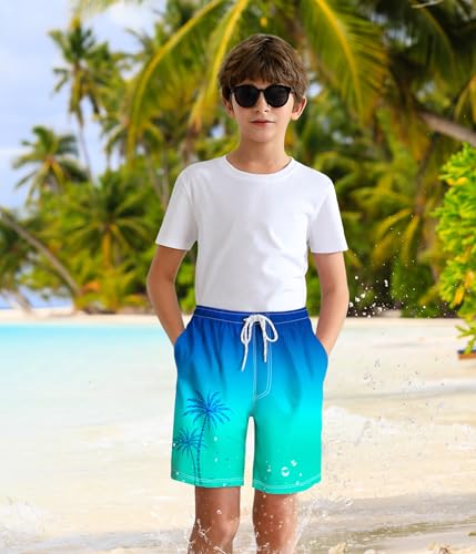 Boys Swim Trunks with Compression Liner Boys Quick Dry 2 in 1 Swim Shorts Summer Beach Shorts Blue Green2