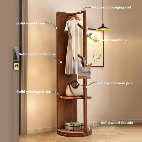 Solid Wood Full Length Mirror, 360° Rotating Coat Rack, Floor Mirror with Storage Shelves & Hanger, HD Anti-Distortion Glass, Ideal for Bedroom & Cloakroom Decor