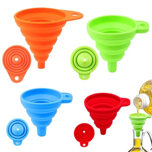 Set de 4 Embudos de cocina, Embudos Plegables de Silicona para cocina, hogar, botellas de agua, botella de aceite, líquidos y polvos, 4 tamaños (S/M/L/XL) 4 colores Plegable Embudo Pequeño