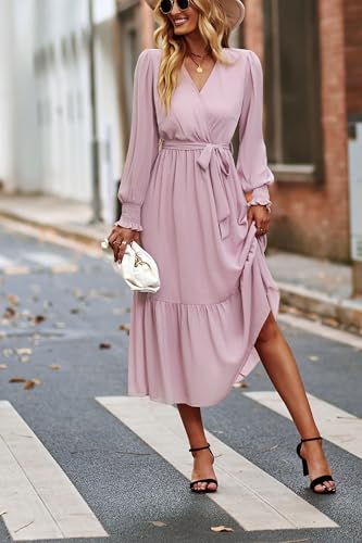 Image of PRETTYGARDEN Women's Floral Boho Dress Fall Long Sleeve Wrap V Neck Ruffle Flowy Maxi Spring Wedding Guest Vacation Dresses