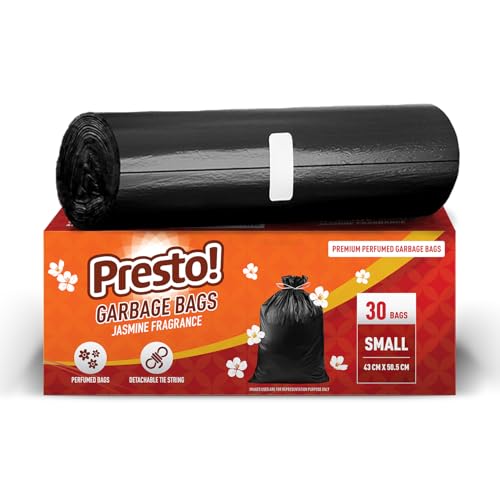 Image of Amazon Brand - Presto! Premium Perfume Garbage Bags on Roll with Tie String | Small | 17x20 Inch | 30 Count | Black