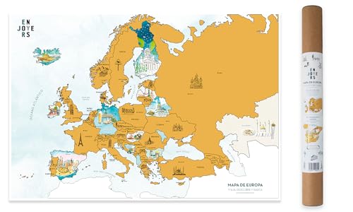 ENJOYERS - Mapa Europa para Rascar. Mapa Rascable de Europa Ilustrado a Mano con Acuarelas. Laminas Decorativas Pared 65x45 cm. Lamina Viajes Regalo para Viajeros. Solo Lamina Sin Marco.
