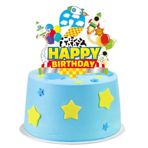 Cartoon Story 2nd Birthday Cake Toppers, Blue Sky and White Clouds Rocket Party Decorations, Suitable for Toy Themed Party Supplies