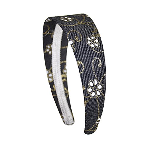 2 Inch Black Denim Headband with Glitter Flowers