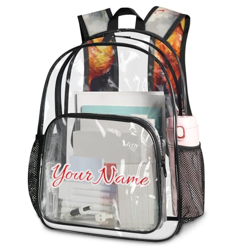 Personalized Small Clear Backpack Stadium Approved Heavy Duty PVC Plastic Custom Phoenix Birds Transparent Backpacks See Through Bag with Name, Bird Phoenix
