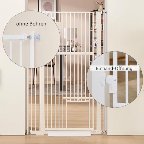 unipaws Hohes Katzengitter Tür, 142 cm hohes Hundegitter mit Katzentür, 95–105 cm breit, druckmontiertes hohes Haustiergitter für Treppen und Türen, Durchgangstür, Weiß