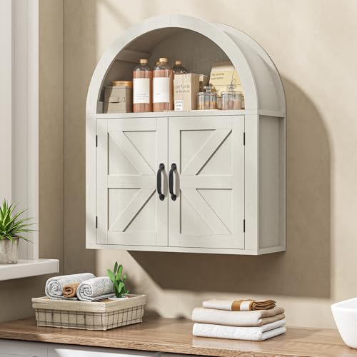Image of Arched Bathroom Wall Cabinet, Farmhouse Medicine Cabinet with Barn Door and with Adjustable Shelf, 23.6 x 28.7'' Wooden Storage Cabinet Wall Mounted for Bathroom Laundry Room Kitchen, Rustic White