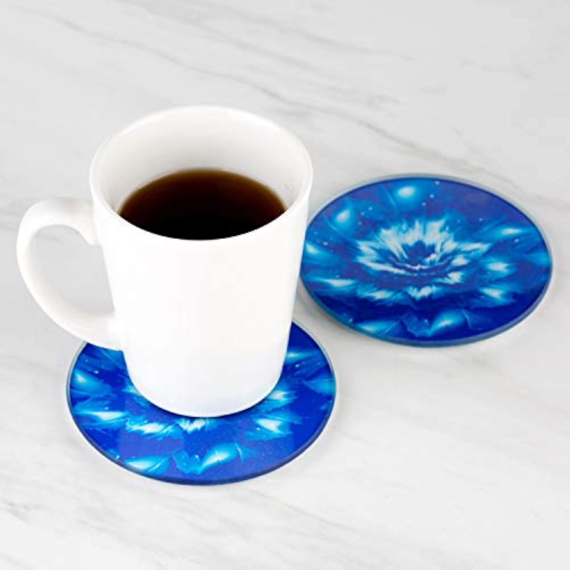 Set of 6 Round Drink Coasters, Blue Floral Design, Gift Boxed