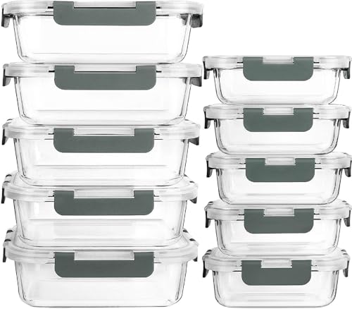 visario Boîtes de Conservation en Verre Set 20 Pièces (10 Récipients + 10 Couvercles) – 5× 1040 ml & 5× 370 ml | Verre Borosilicaté | Étanche à l'Air...