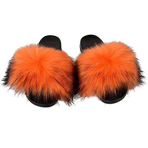 Image of MH Bailment Womens Furry Fluffy Slippers Faux Fur House Slippers Open Toe Fuzzy Slides Soft Flat Slip On Sandals for Indoor Outdoor