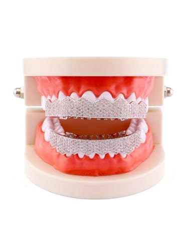 Grillz street Hip Hop personality Gold Shiny Copper gold-plated teeth Grillz Vampire fangs Grills Daily wear Halloween and Party Unisex - Comes With Tweezer & Dental Wax (8009Silver)4