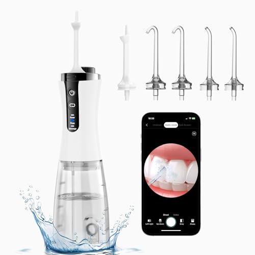 Visible Jet Dentaire Hydropulseur avec Caméra, APP Irrigateur Oral Professionnel IPX7 Étanche, Jet Deau Dentaire 5 Buses 2 Modes, Water Flosser Portable Rechargeable, Hydropulseur Dentaire Sans Fil