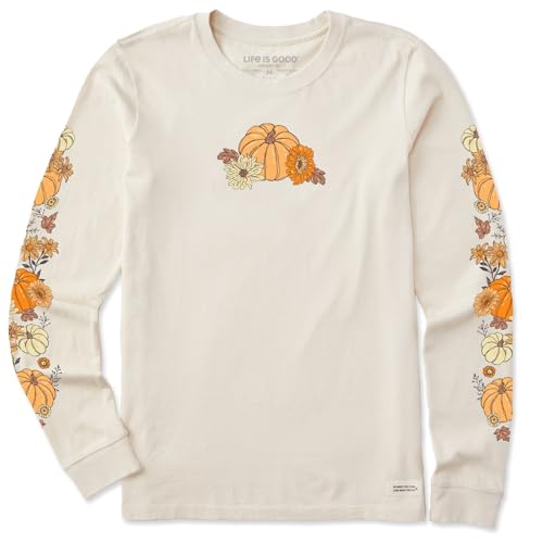 Life is Good. Women's Autumn Floral Pumpkins Long Sleeve Crusher Tee, Putty White