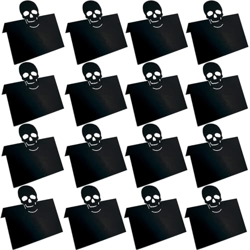 Lot de 25 cartes de table vierges noires effrayantes en forme de tête de mort pour Halloween, mariage, décoration de table