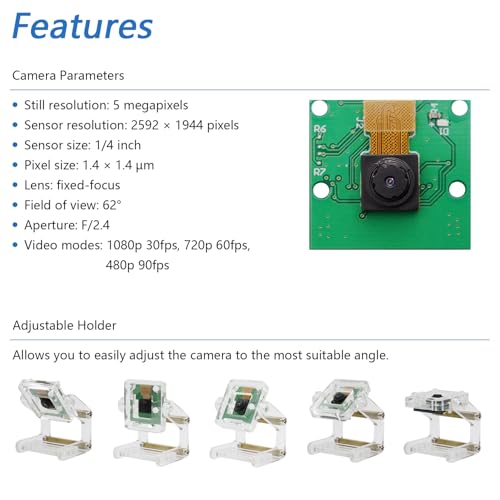 FREENOVE 5MP Camera for Raspberry Pi 4B / 3B+ / 3B / 3A+ / 2B / 1B+ / 1A+ / Zero W/Zero with Adjustable Holder and Ribbon Cable, 1080P 720P Output