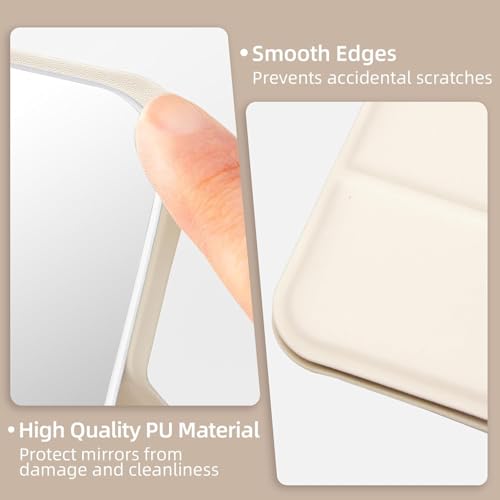 Image of Foldable Travel Mirror, Portable Pocket Makeup Mirror with Stand, Compact Handheld Vanity Mirror for Purse, Desk & Travel Use (7x11cm) (Cream)