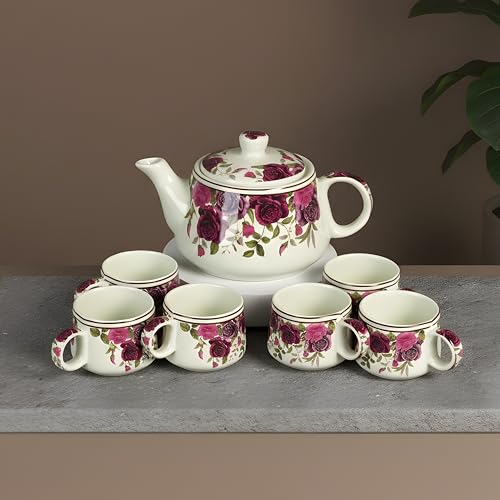 Image of CRAF10 Handcrafted Ceramic Vintage Rose Floral Print Teapot Cup Set - 1 Kettle (1 Litre) & 6 Cups (160 ML), Microwave & Dishwasher Safe | Morning Set | Tea Sets with Kettle