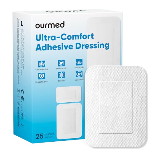 Ourmed Apósitos estériles para heridas de 8 x 10 cm, apósitos estériles autoadhesivos con fuerte adherencia, protegen contra cortes y arañazos, se retiran sin dolor, 25 unidades