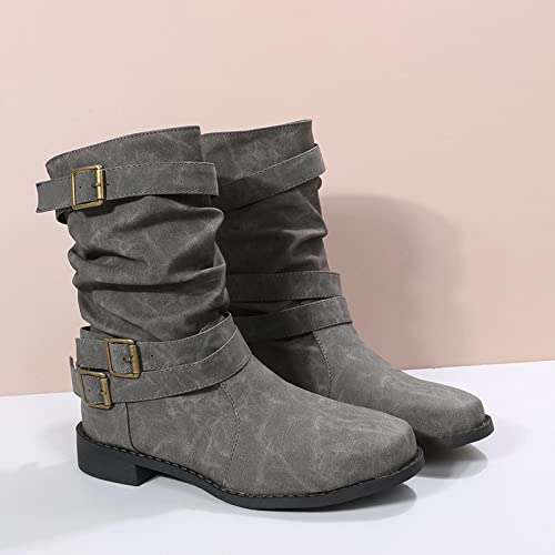 Women's Mid Calf Boots Chunky Low Heels Buckle Strap Fashion Boots Comfortable Pull On Motorcycle Riding Winter Boots (Gray,7.5) #TOP3
