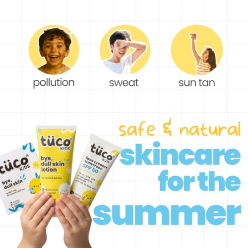 Image of Tuco Kids 3-in-1 De-Tan Kit | Sunscreen SPF 50 + Summer Lotion + Dull Skin Soap | Turmeric, Kakadu Plum & Saffron | Paraben & Sulphate Free | Ages 3-15 | Boys & Girls