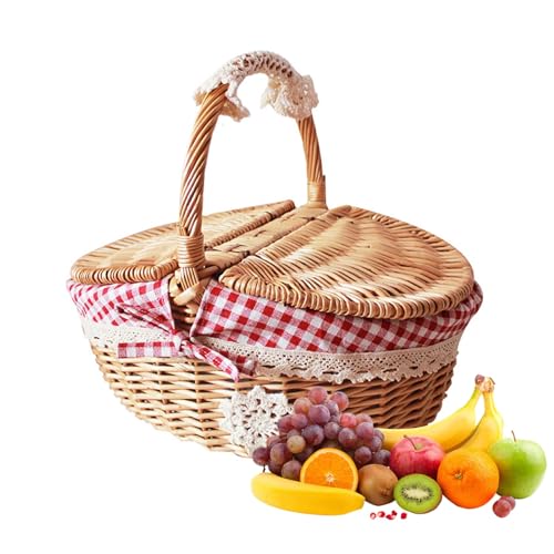 Cesta de mimbre para picnic con tapa y asa, cesta tejida para pícnic, cesta de dulces hecha a mano, cesta de almacenamiento de huevos de Pascua, cesta de vino de sauce natural, cesta vacía para