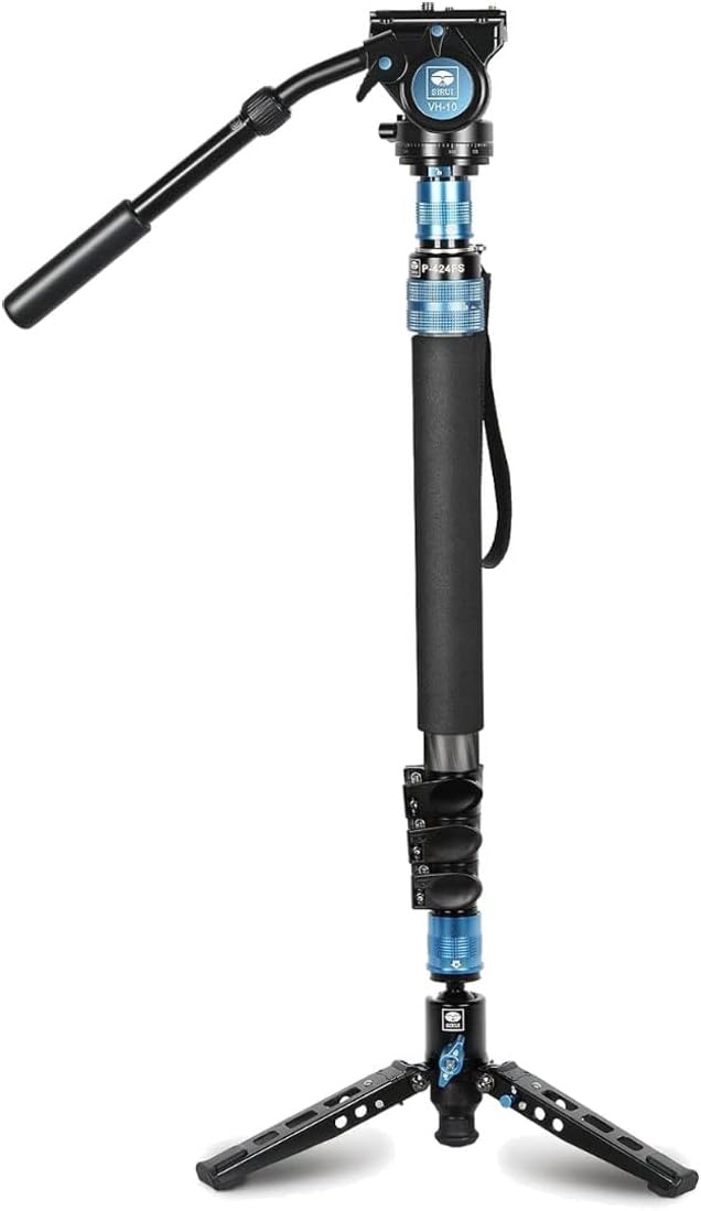 SIRUI P-424FS 66.7" Carbon Fiber Camera Monopod with VH-10 Fluid Video Head, Professional Heavy Duty Monopod with Tripod Base, Flip Locks for DSLR Camera, Max Loading 6kg/13.2lbs