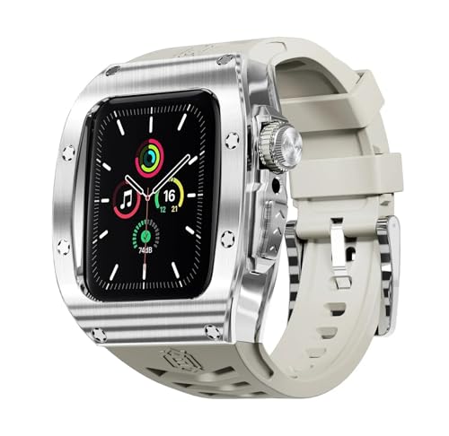 TOPBD Stainless Steel Watch Case Rubber Band Modification Kit?For Apple Watch 9 8 7 6 5 SE 44mm 45mm Series Watch Replacement Accessories (Color : Silver, Size : 44mm)