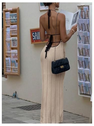 Image of SOLY HUX Women's Tie Backless Maxi Halter Dress Deep V Neck Sleeveless Knit Elegant Dresses