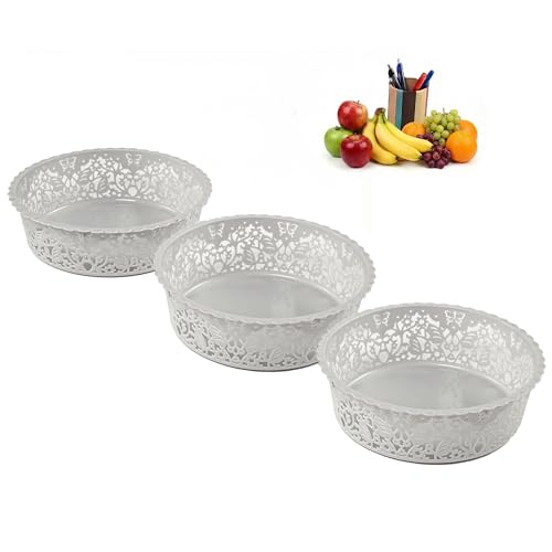 Image of Kuber Industries 3 Pcs Plastic Small Fruit Basket for Dining Table | Snacks, Groceries and Vegetable Basket for Kitchen Storage | Poland Design - Grey