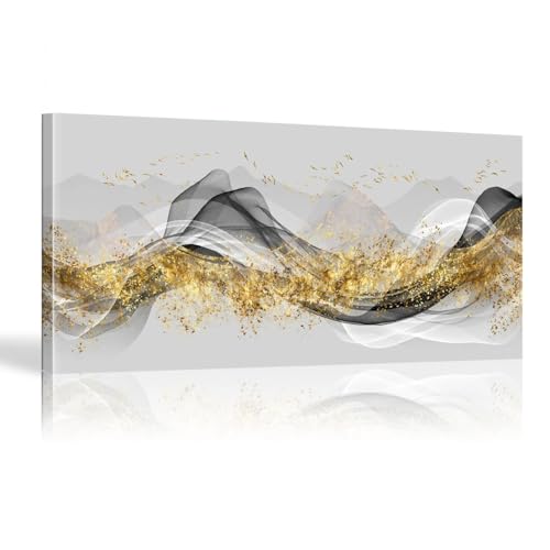 Toile de montagne abstraite dorée et noire 90x180 cm avec cadre intérieur