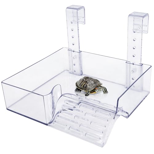 Image of PINVNBY Hanging Turtle Basking Platform Adjustable Floating Turtle Dock with Guardrail and Ramp Acrylic Transparent Basking Platform for Aquatic Turtles Tortoise Tank Accessories Decor (Large)