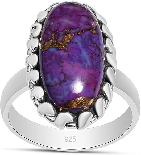 925 Sterling Silver Purple Turquoise Ring with Gold Inlay Oval Design Handmade Jewelry for Women