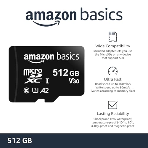 Image of Amazon Basics microSDXC Memory Card with Full Size Adapter, A2, U3, Read Speed up to 100 MB /s, 512GB, Black