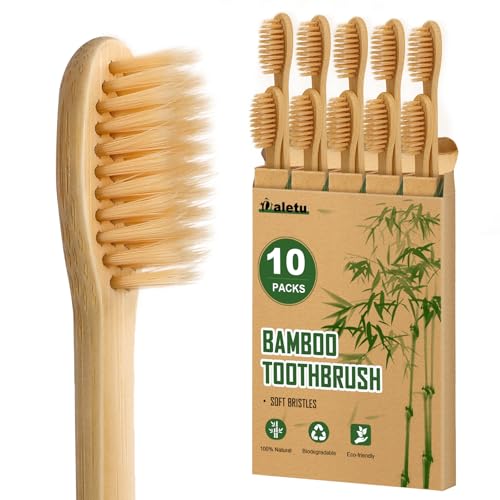 Biodegradable Reusable Bamboo Toothbrushes, Daletu Wooden Toothbrushes Organic Natural Eco-Friendly BPA Free Bristles - 10 Pack