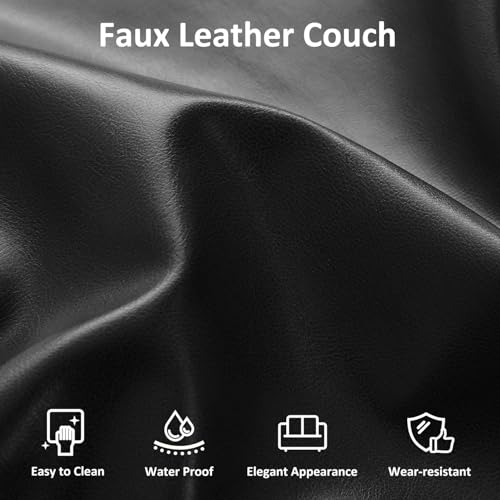 Image of Kingfun 80 inch Faux Leather Sofa Couch, Mid Century Modern Leather Couch with Rolled Arms and Deep Seats, Brown Leather Sofa for Living Room, 3-Seater Couch for Apartment, Office and Bedroom, Black