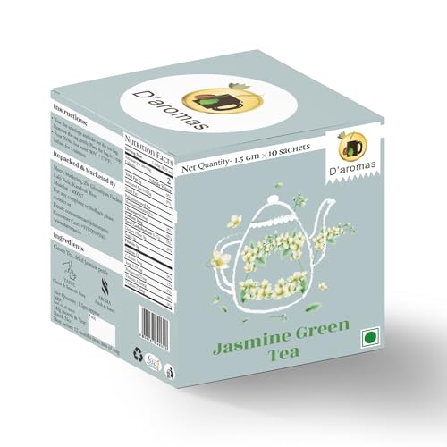 Image of D'aromas Jasmine Tea Bags | Fragrant Jasmine Flowers & Premium Green Blend | Delicate Floral Aroma | Refreshing Wellness Tea | 10 Tea Bags (1.5g Each) | D'aromas Herbal Tea