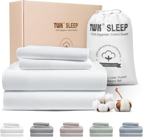 Image of TWK 1200 Thread Count Egyptian Cotton 100% Bed Sheet Set, Solid Thickness, Long-Lasting Durable Construction, Resists Pilling, 18 inch Deep Pocket Capacity (Chalk, Queen)