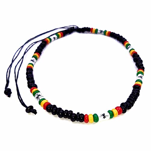 Générique Collier surf surfeur Coco Ethnique bois perles Tour de Cou Tribal Pendentif Homme Femme Enfant Rasta Reggae Jamaique noir vert jaune rouge