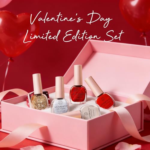 Image of AZUREBEAUTY Red Valentine's Nail Polish Set Quick Dry Silver Glitter Cat Eye 4 Colors Natural Fingernail with Top Coat DIY Salon Home no Gel Women Gifts