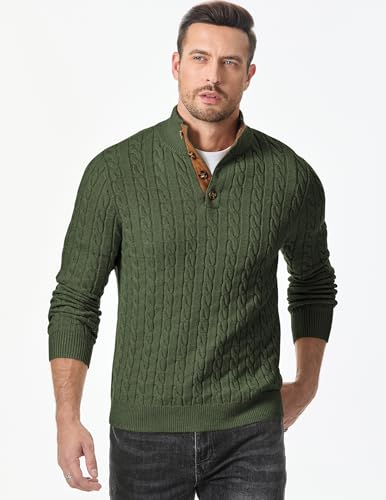 Image of JMIERR Men's Cable Knit Pullover Sweater Casual Long Sleeve Stand Collar Button Knitted Sweaters