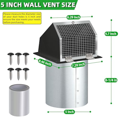 Image of 5 Inch Hooded Wall Vent with Screen and Damper,5 inchExhaust Vent Dryer Vent Cover Outside,5 inch Vent Cover Exterior Wall Vent Cap for Kitchen Range Hood Vent Dryer Air Vent Bathroom Exhaust,Galvanized Steel