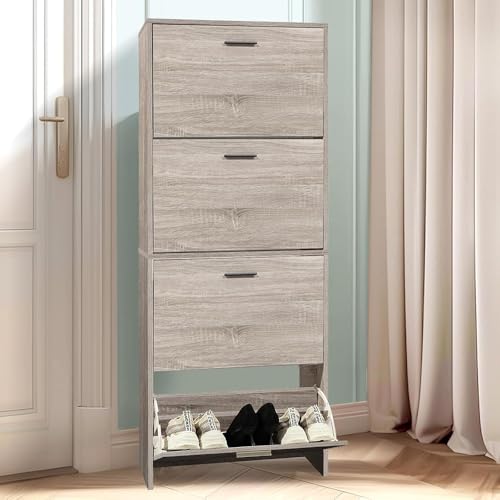 CASABEL Meuble de Rangement à Chaussure 24 Paires - Armoire Etagere Grande Capacité pour Entree, Couloir - L60xP24xH150 cm - Bois Clair
