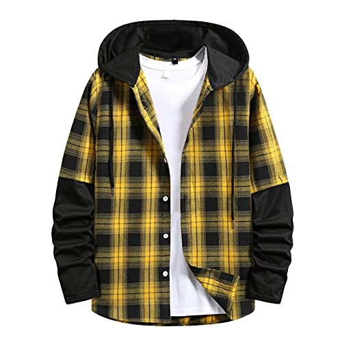 WUAI-Men Plaid Flannel Hoodie Jacket Long Sleeve Casual Button Up Quilted Buffalo Thermal Sweatshirt Fall Winter Outwear(Yellow,Small)