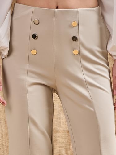 Image of Sassafras Women's Light Beige Front Button Flared Bell Bottom Pants-L
